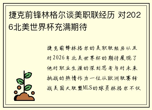 捷克前锋林格尔谈美职联经历 对2026北美世界杯充满期待 捷克前锋林格尔谈美职联经历 对2026北美世界杯充满期待