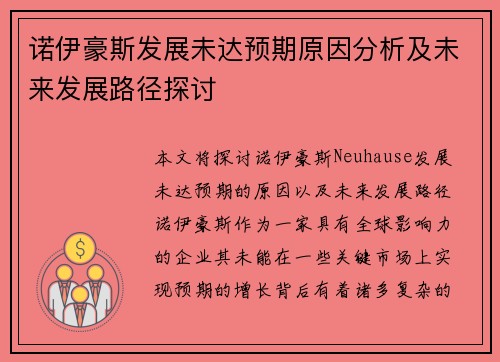 诺伊豪斯发展未达预期原因分析及未来发展路径探讨 诺伊豪斯发展未达预期原因分析及未来发展路径探讨